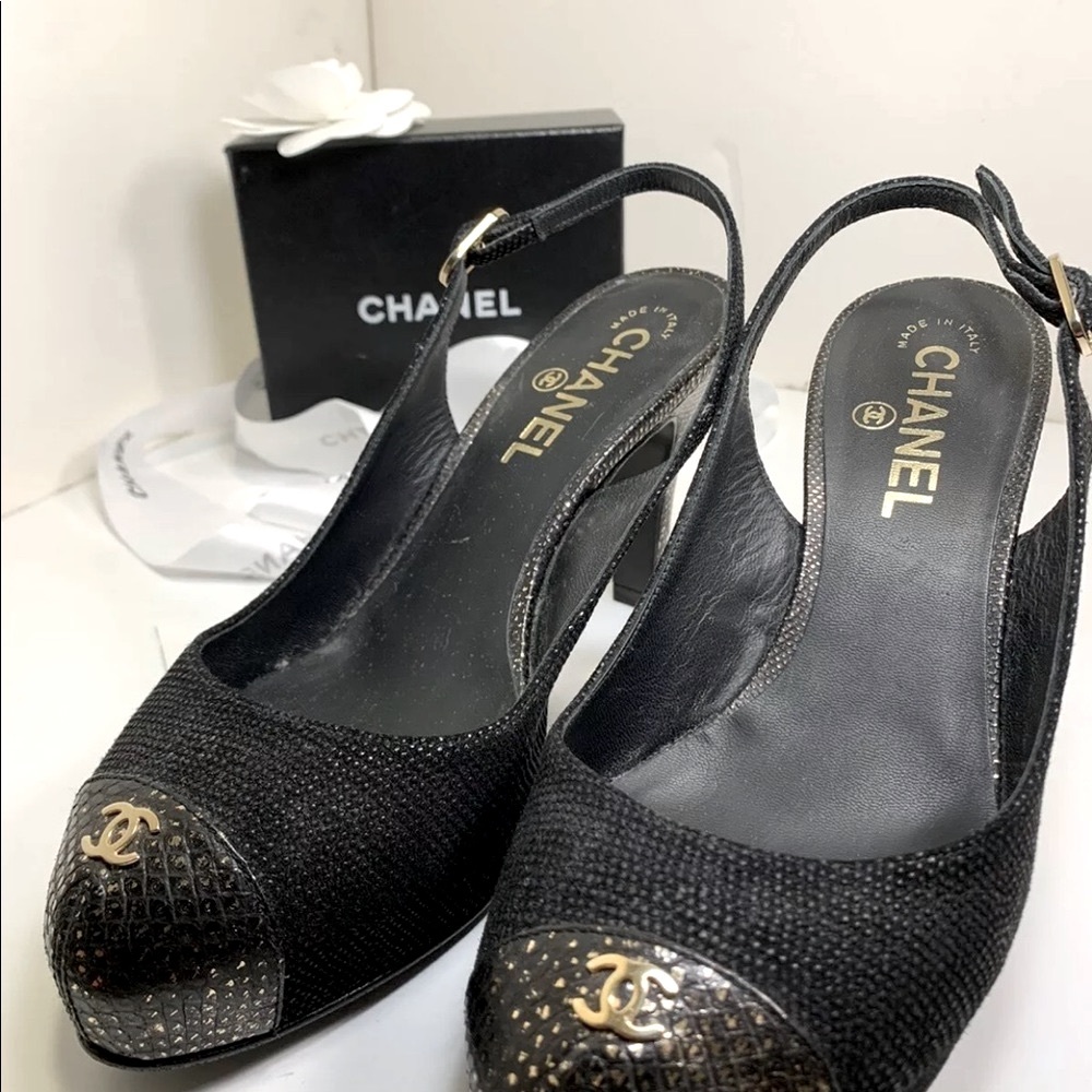 CHANEL 🖤 Black Gold RARE Hidden Platform CC Sandal Sling Back Tweed Look Shoe